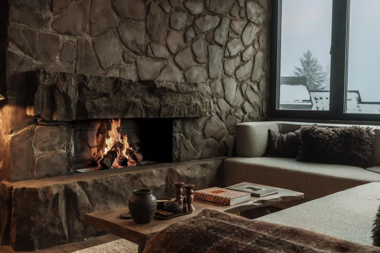 Chimenea de piedra encendida en el salón