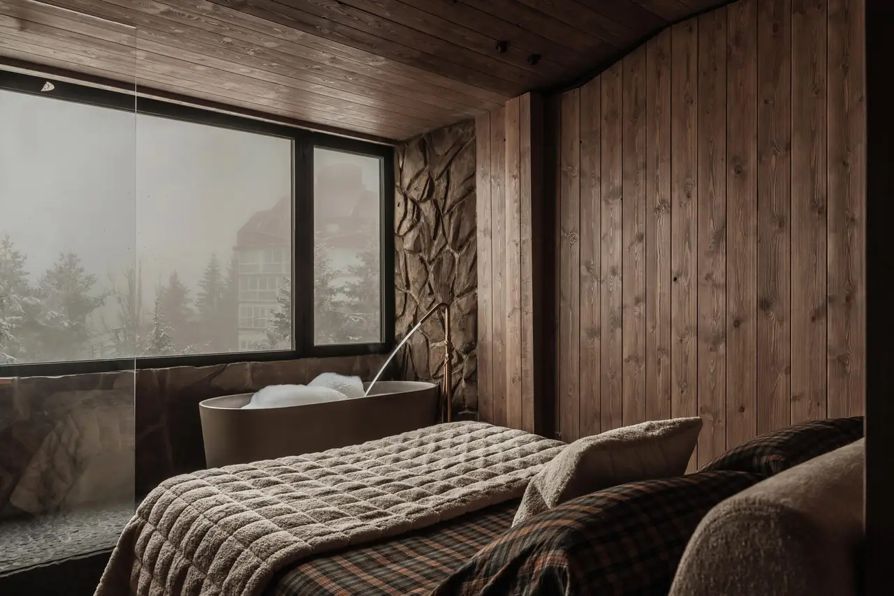 Dormitorio con ventanal hacia el bosque